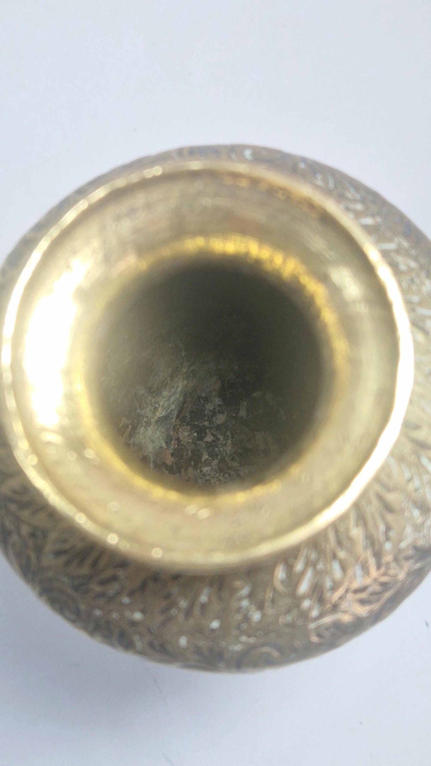 Antique Brass Urn, Heavily Engraved, Indian Deity Playing Pipe.