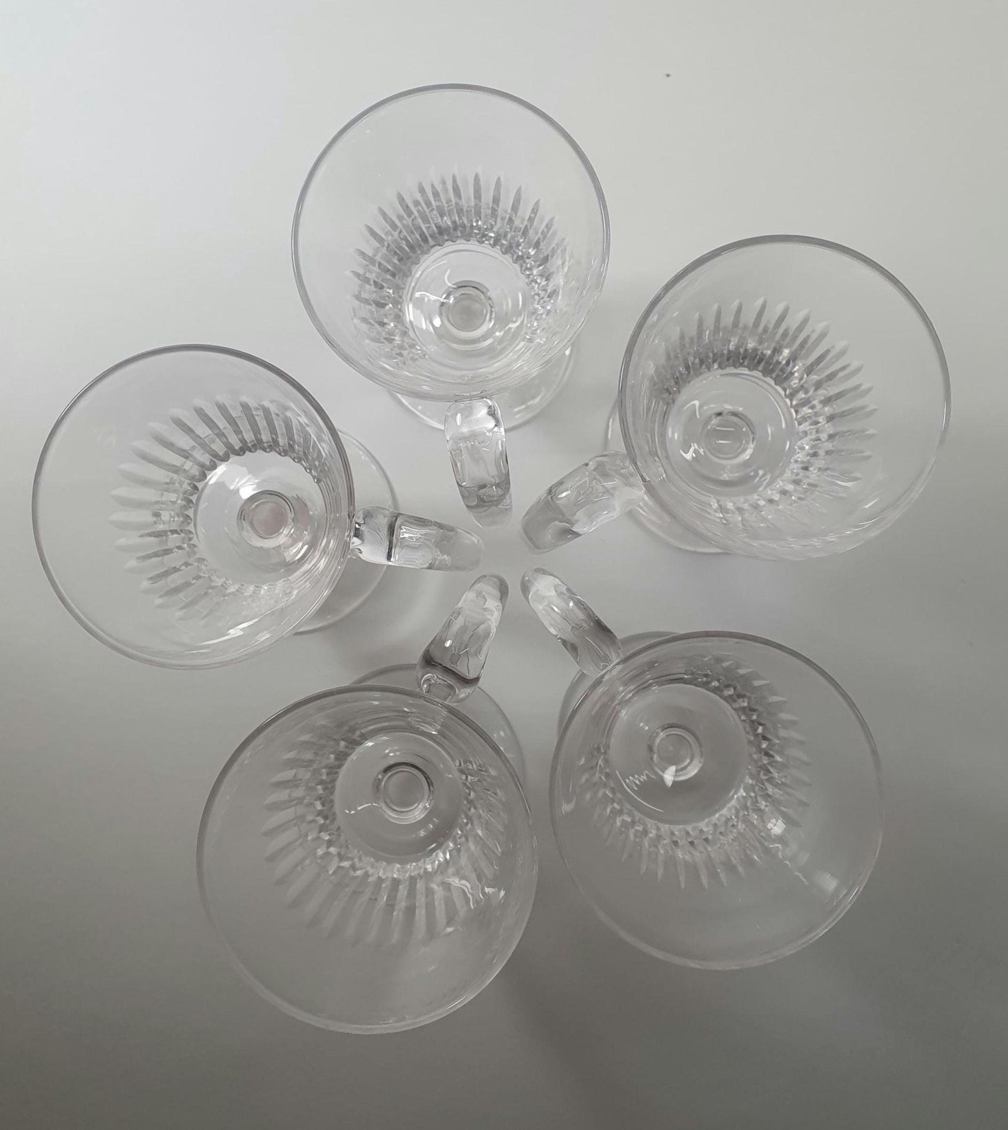 Victorian Blaze Cut Crystal Glass Custard Cups with Handles. Set of 5