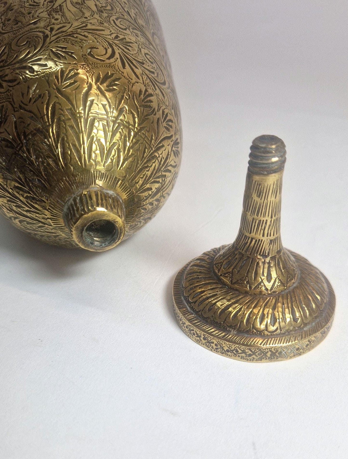 Antique Brass Urn, Heavily Engraved, Indian Deity Playing Pipe.