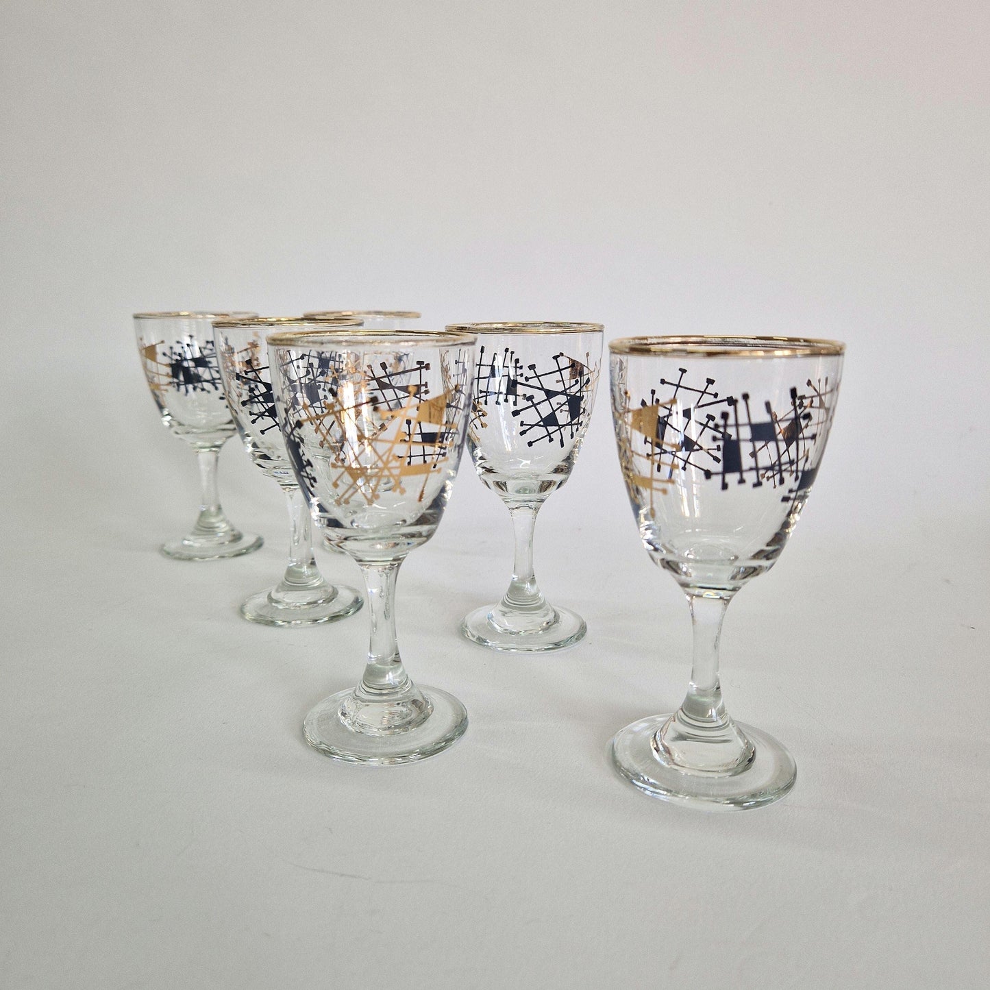 Vintage Set of 6, Atomic Gold and Black Wine Glasses. c1950-60s