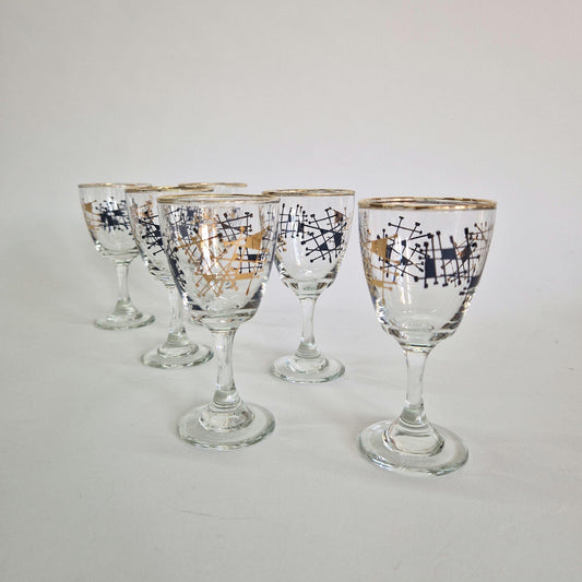 Vintage Set of 6, Atomic Gold and Black Wine Glasses. c1950-60s