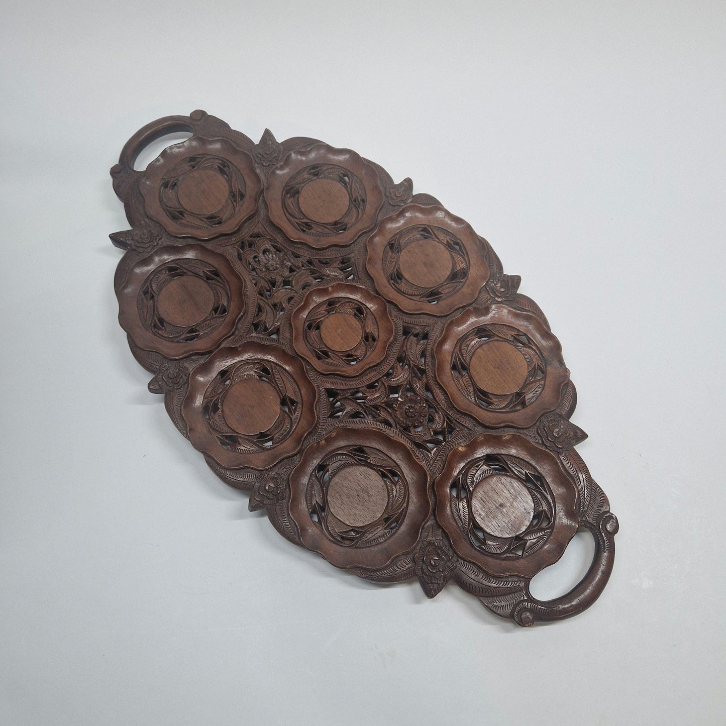 Vintage Carved Teak Wood Cup Tray: Indian British Raj Design
