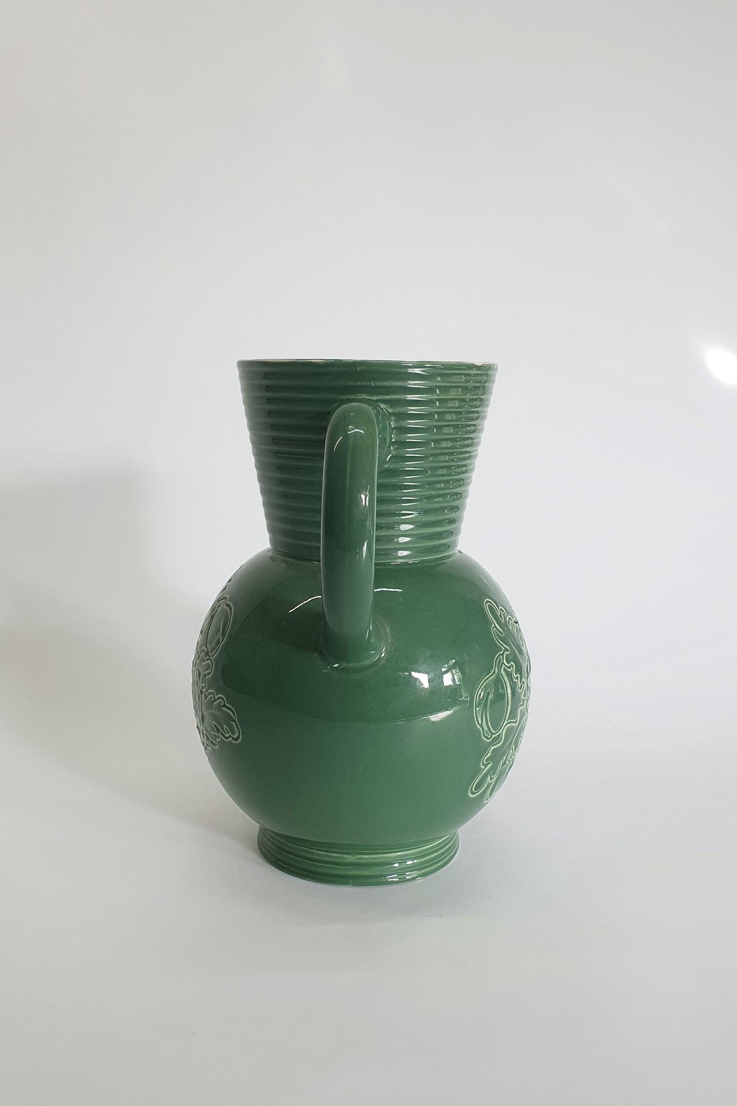 Art Deco Jade Green Water Jug: Brentleigh Ware Embossed Pansy Vase
