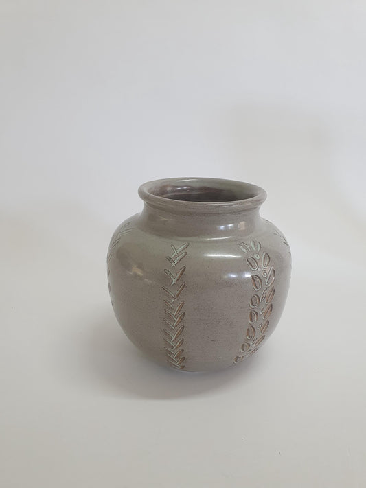Vintage Round Vase with Leaves and Criss-cross Cut-outs, speckled beige glaze. c1970s