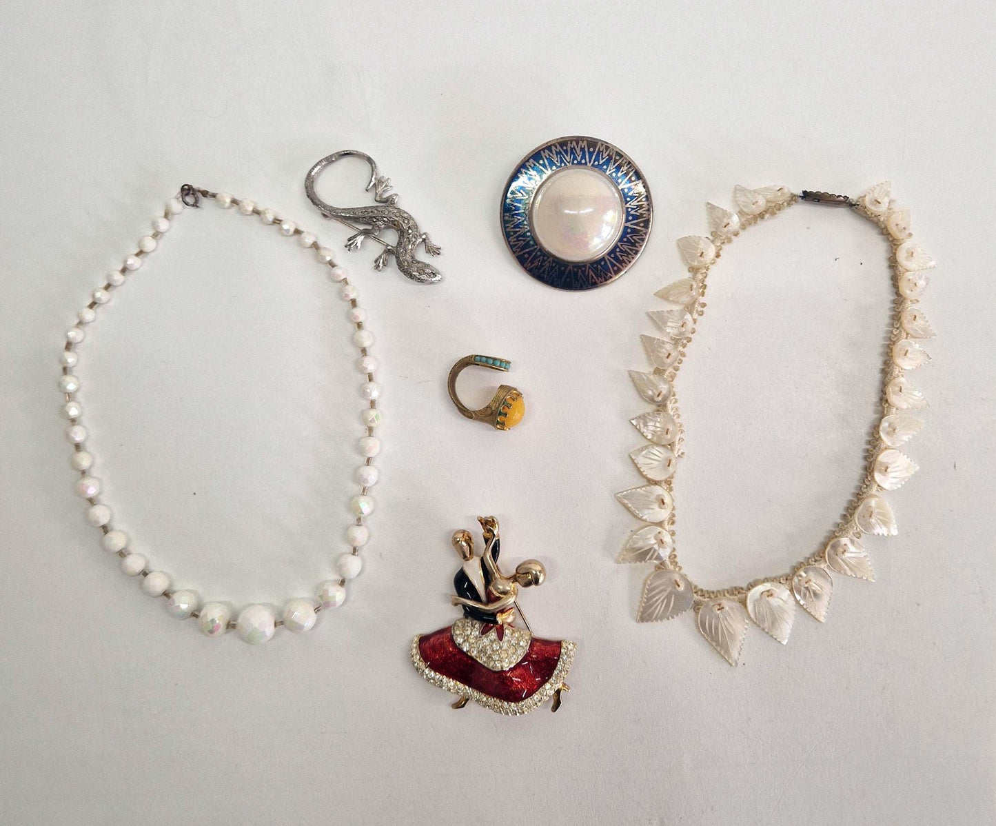 Vintage Jewelry Bundle: Art Deco Ring, Mother of Pearl Choker, Brooches