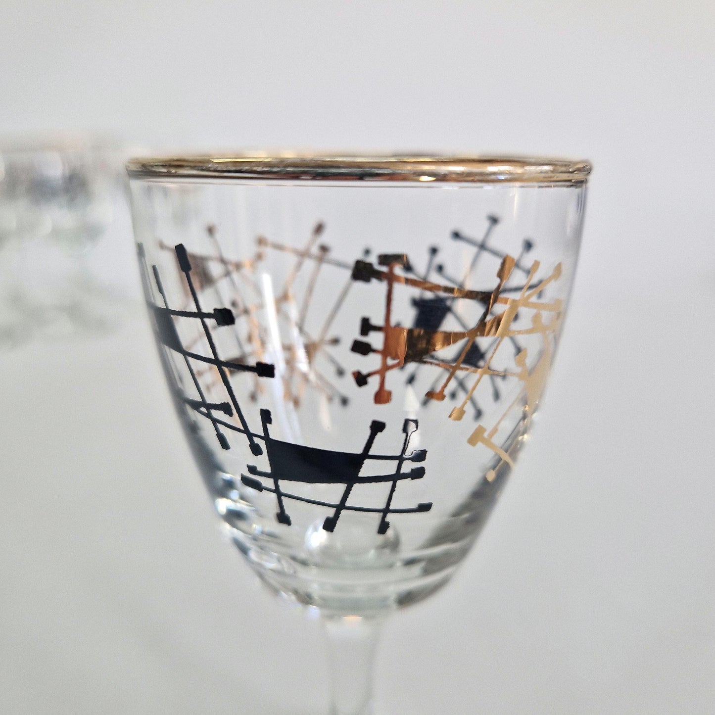 Vintage Set of 6, Atomic Gold and Black Wine Glasses. c1950-60s