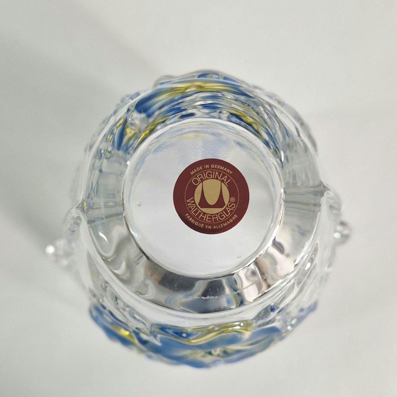 Vintage Walther Glas Blue and Yellow Daisy Vase. c1970s