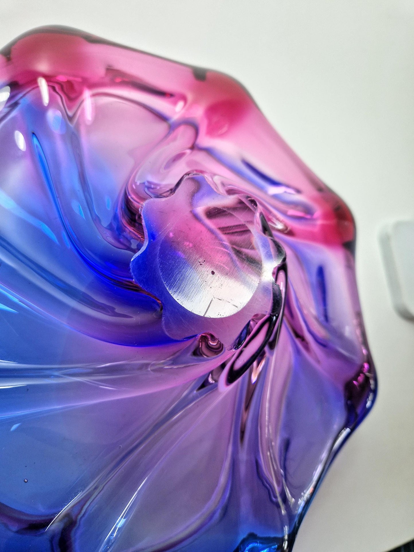 1960s  Magenta and Blue Murano Art Glass Fruit Bowl