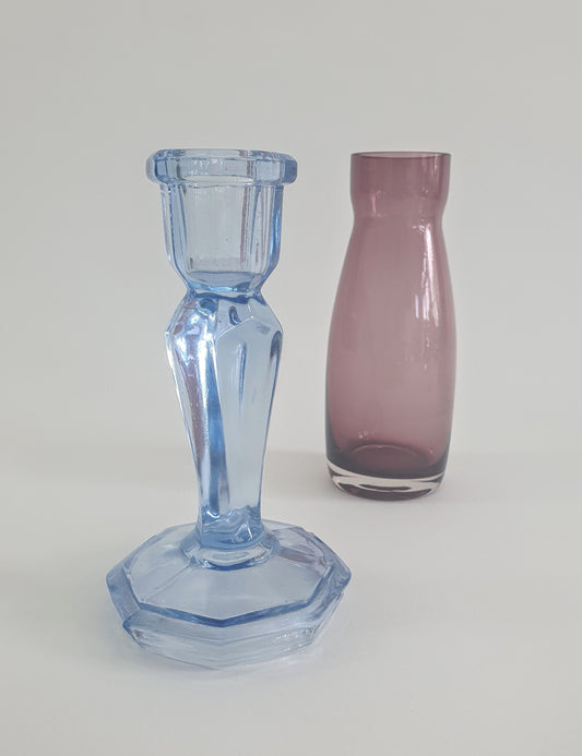 Vintage Purple Glass Vase & Blue Candlestick Set: 1930s-1970s Decor