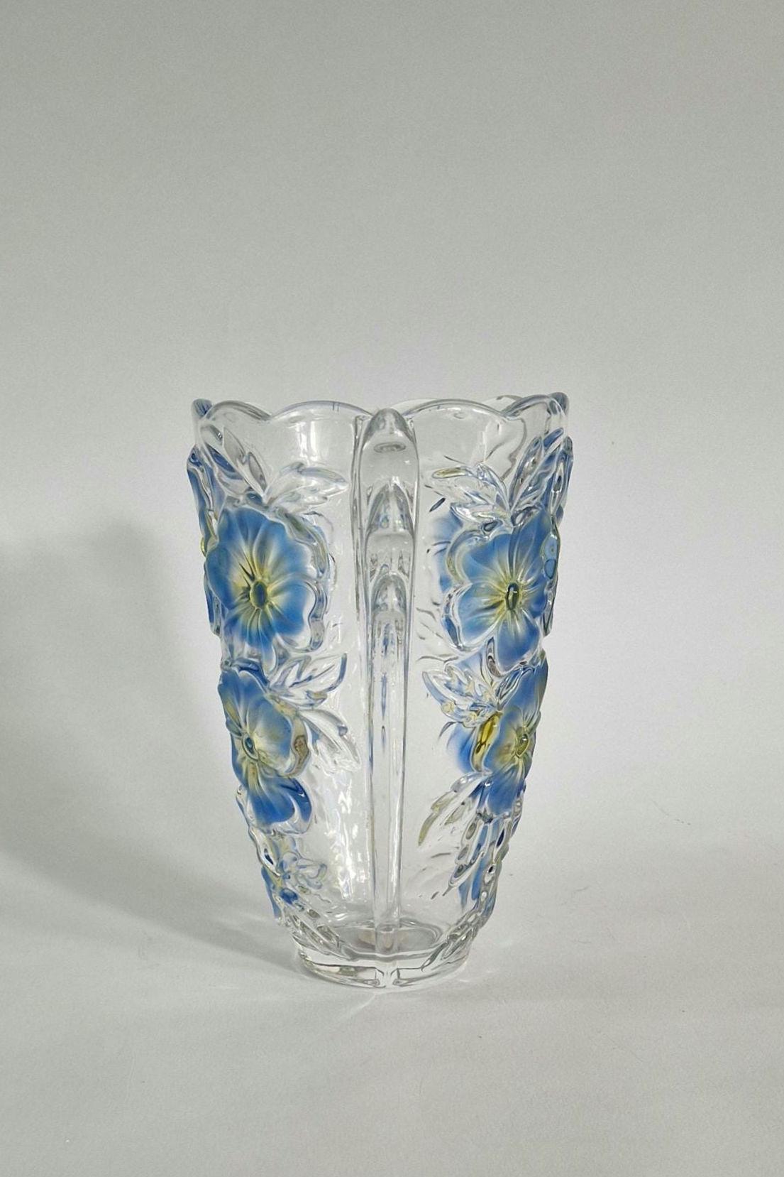Vintage Walther Glas Blue and Yellow Daisy Vase. c1970s