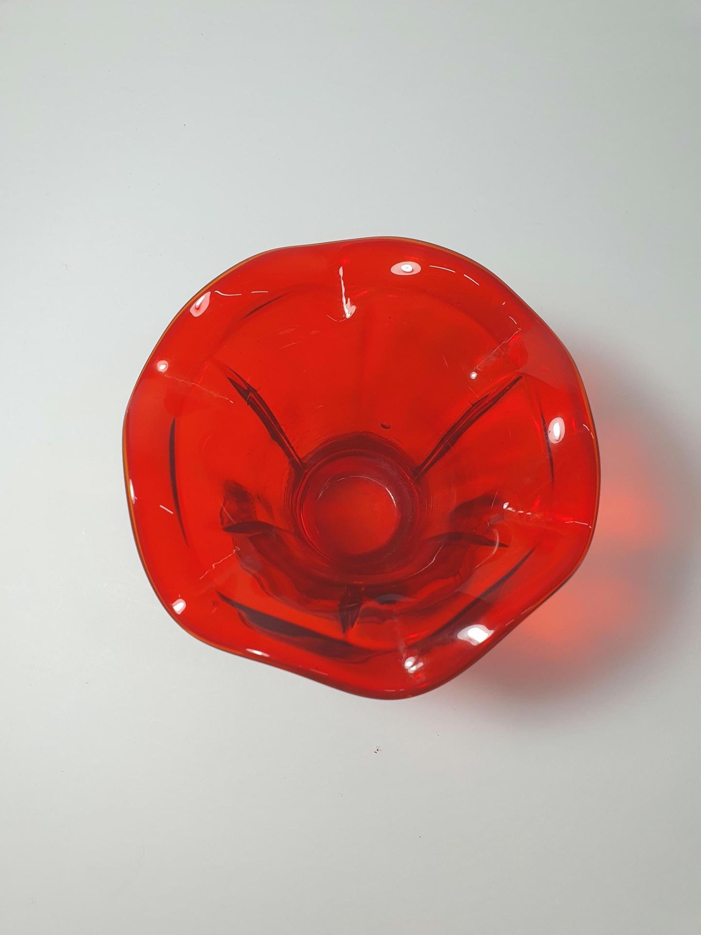 Mid Century Ruby Glass Posy Vase with Frill Rim.  c1960s