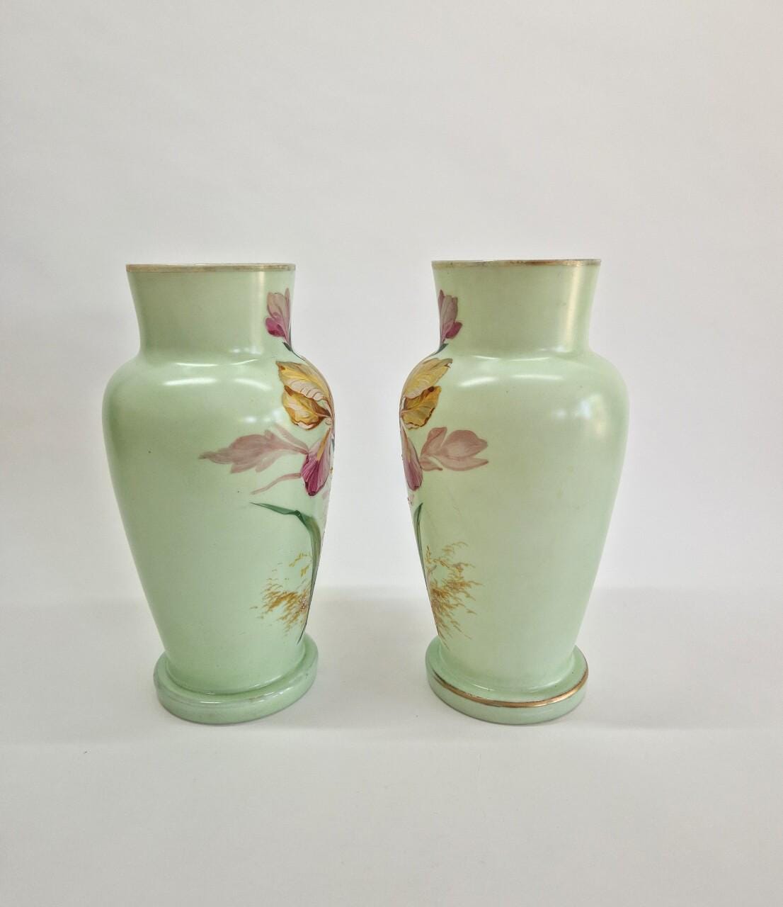 Victorian Opaline Glass Vases: Hand-Painted Floral Decor, 1800s