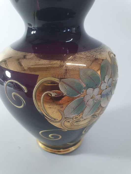 Vintage Bohemian Amethyst Glass Posy Vase with Gold Gilt and Enamelled Flowers. Mid Century