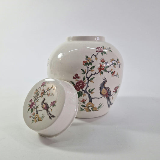 Large Vintage Ginger Jar with Bird of Paradise on Blossom Branch. Burleigh Ironstone. c1940