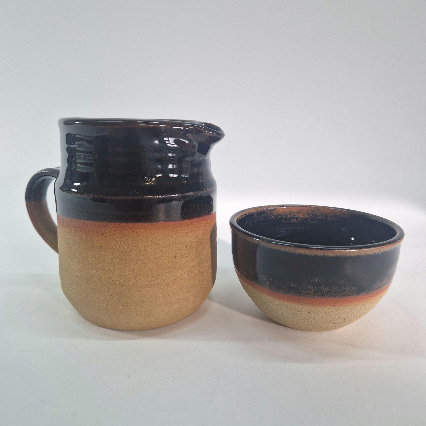 Vintage Rustic Milk Jug and Sugar Bowl. Hand Thrown and Rockingham Glaze. Mid Century