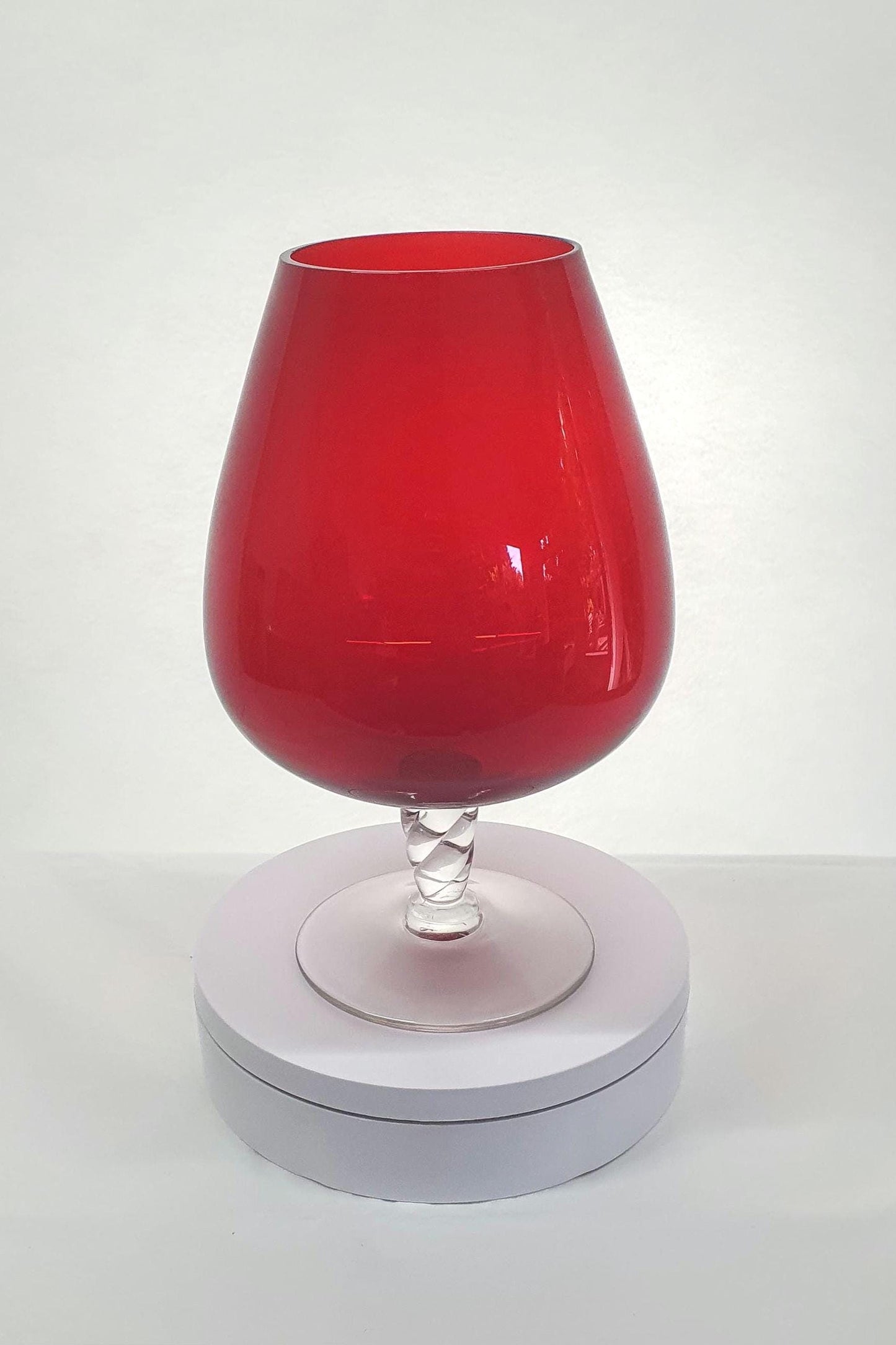 Oversized Red Brandy Snifter Glass with Clear Twisted Stem and Base. c1960s