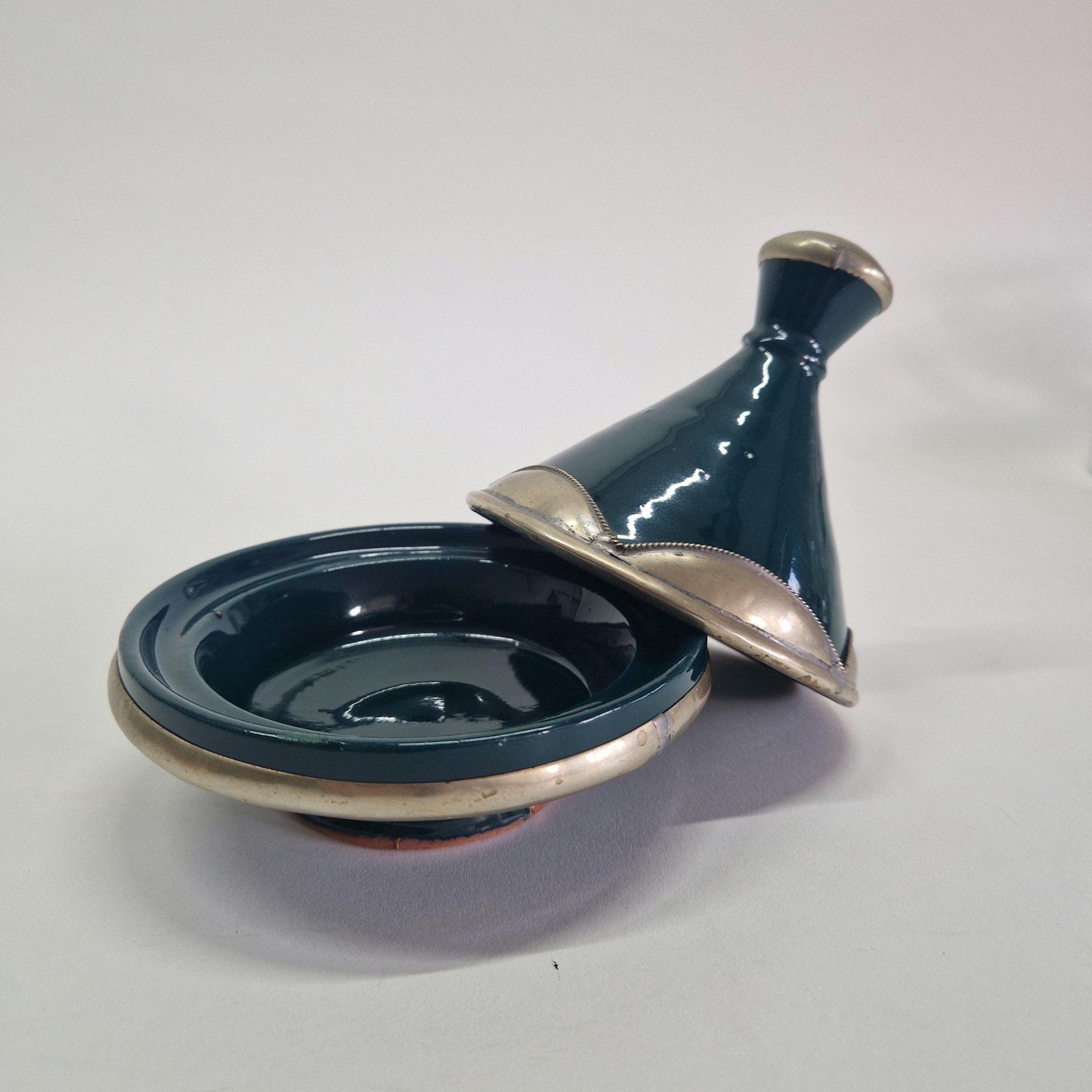 Vintage Forest Green Tagine with metal Embellishment c1980s