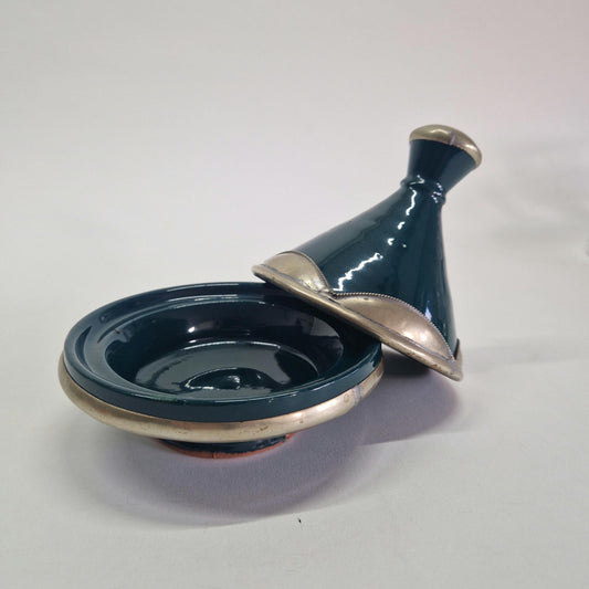 Vintage Forest Green Tagine with metal Embellishment c1980s