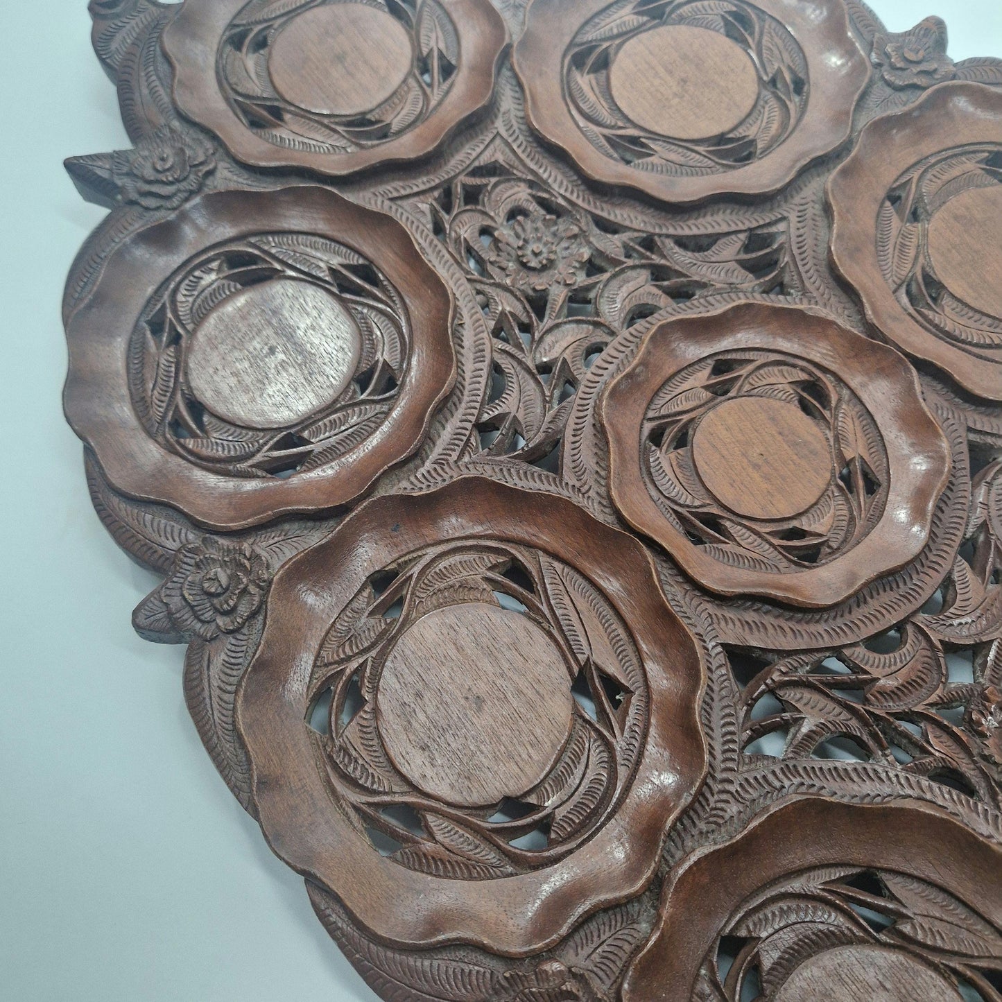 Vintage Carved Teak Wood Cup Tray: Indian British Raj Design