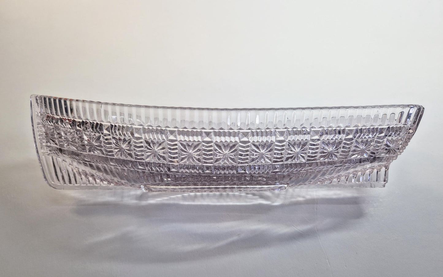 Sowerby Glass Daisy Block Row Boat, Hint of Pink Glass with Flower Blocks. c1886
