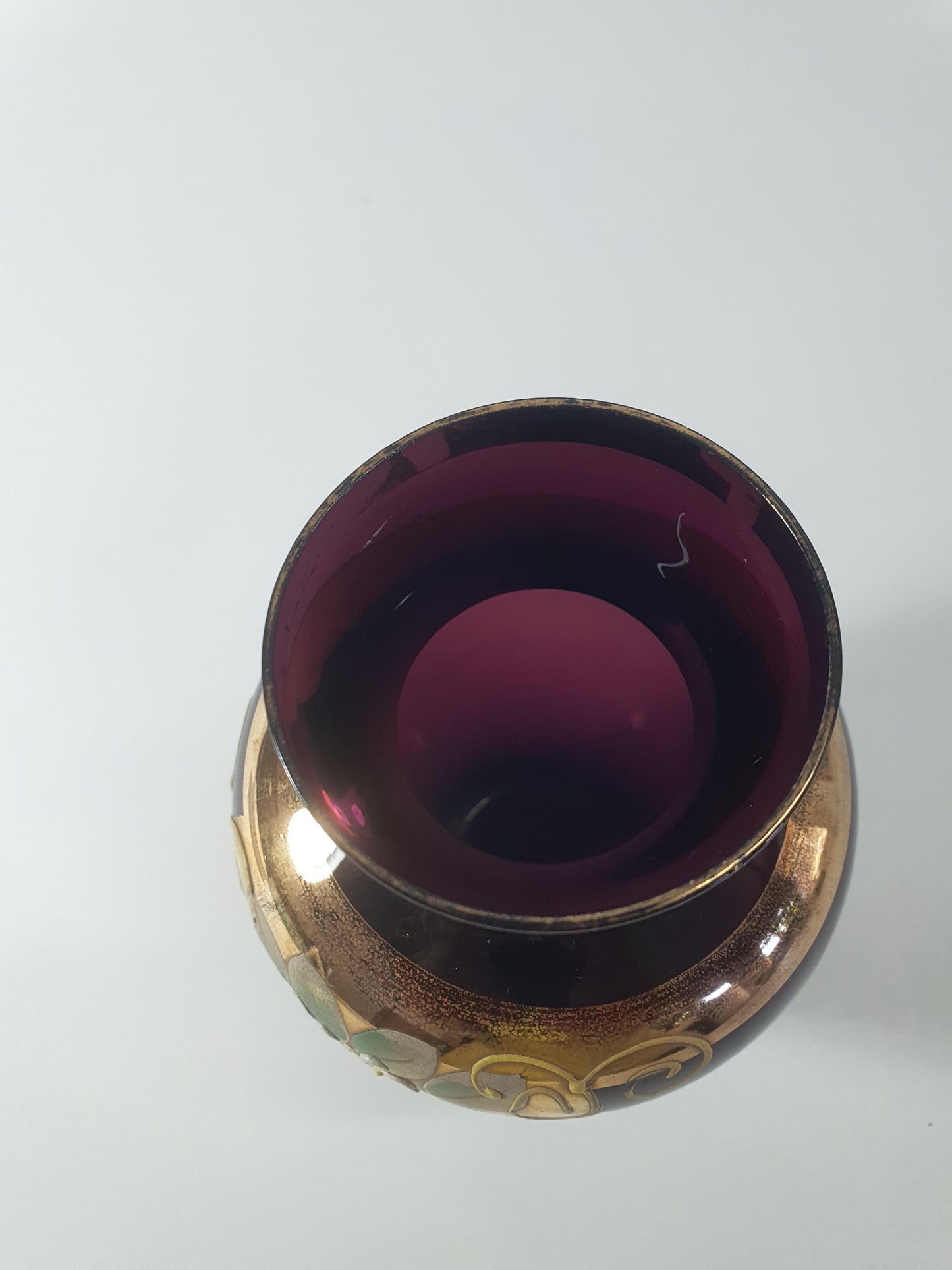 Vintage Bohemian Amethyst Glass Posy Vase with Gold Gilt and Enamelled Flowers. Mid Century