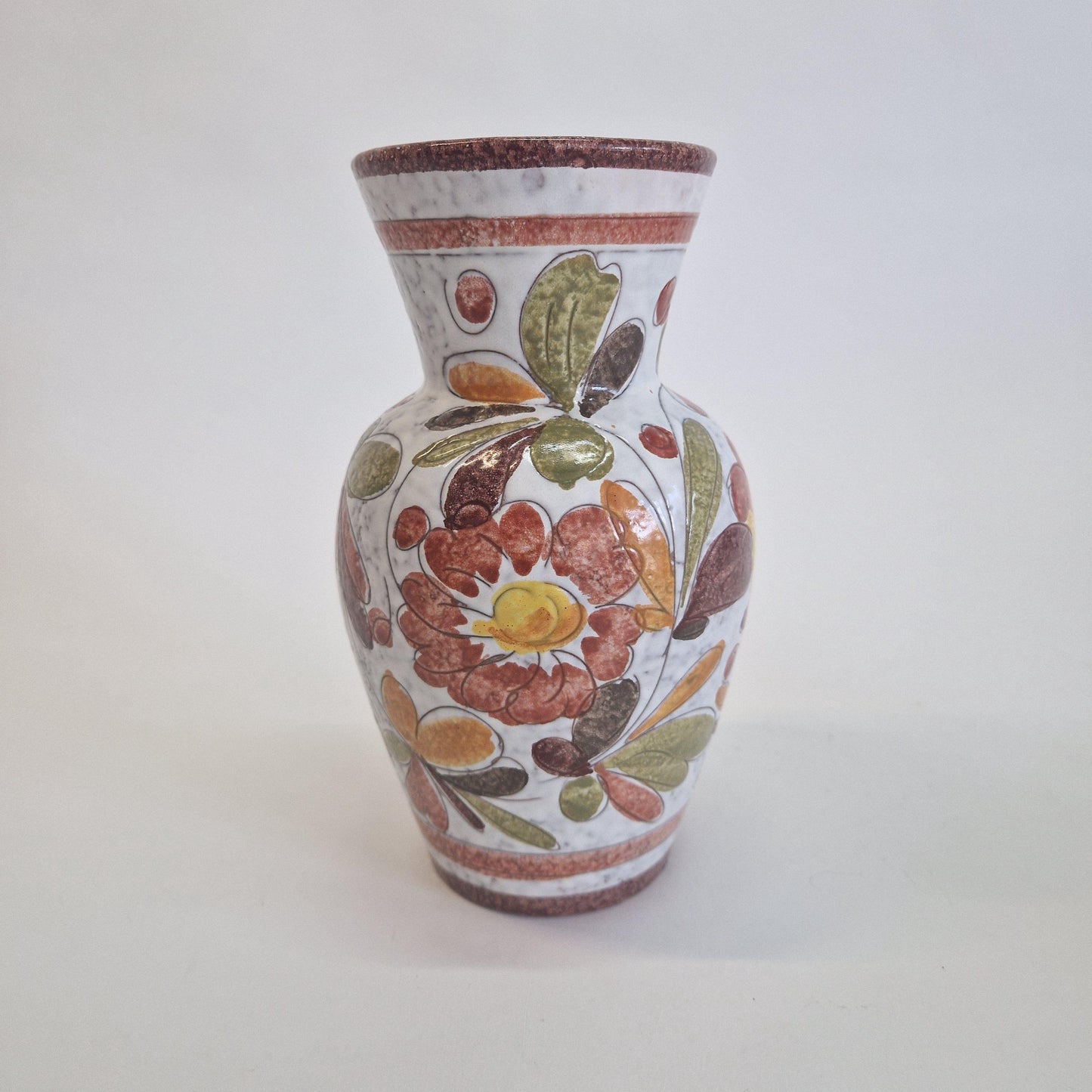 Mid Century Italian Vase, with Hand Painted Flowers and Leaves in Earth Tones.  c1960s