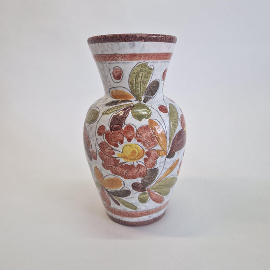 Mid Century Italian Vase, with Hand Painted Flowers and Leaves in Earth Tones.  c1960s