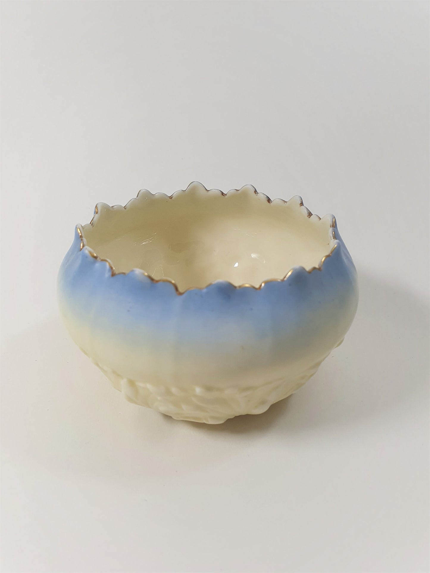 Edwardian Locke & Co Trinket Bowl: Ivory, Blush, and Blue with Gold Scalloped Edge
