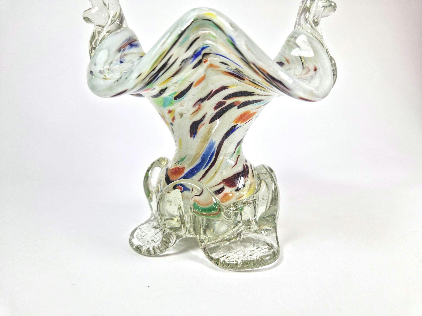 Vintage Victorian Style Romanian Glass Basket with Handle. Spattered Design , Posy Vase. c1960s