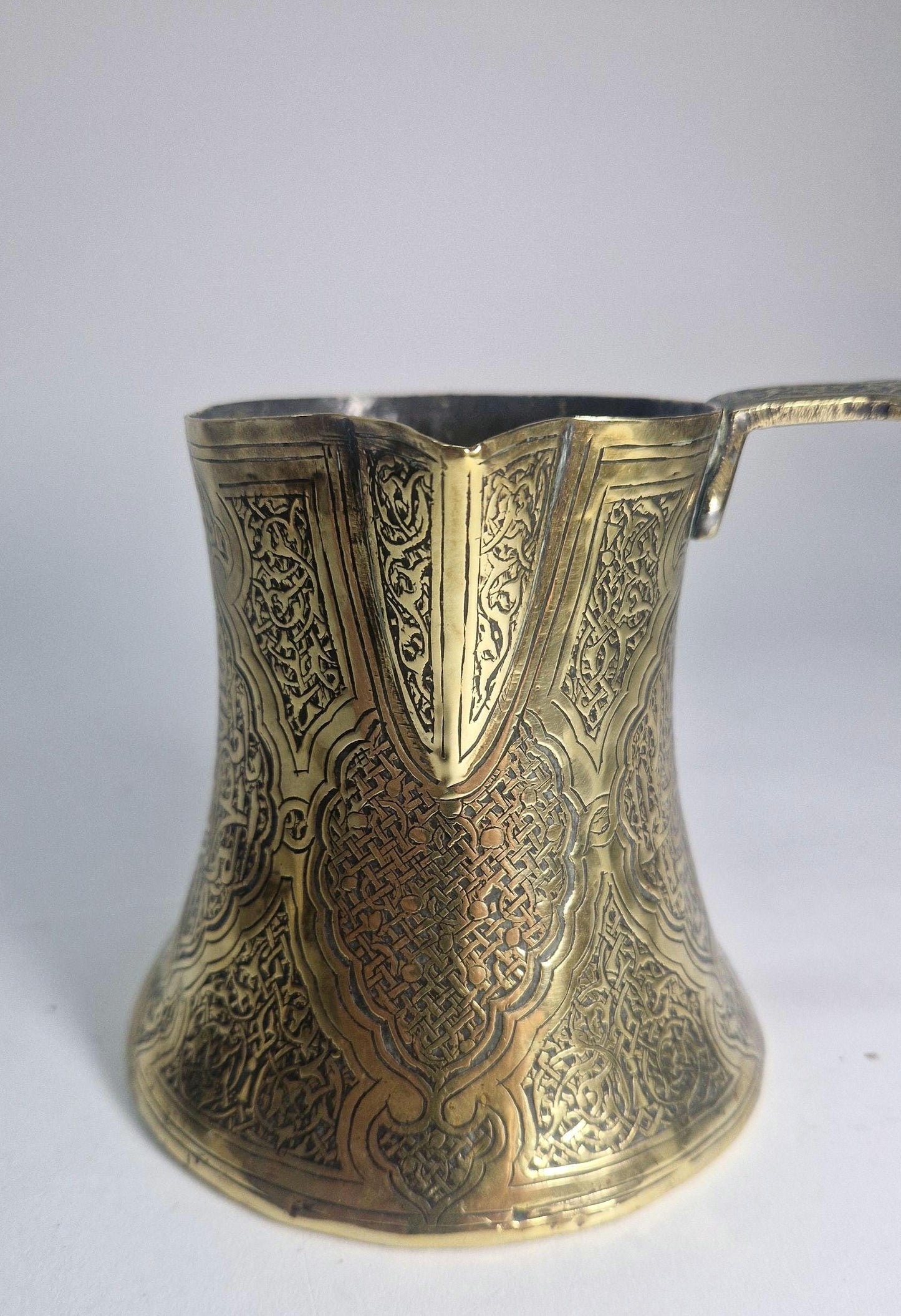 Vintage Turkish Brass Coffee Pot, Highly Ornate with Long Handle. Brass (21) anniversary wedding gift.