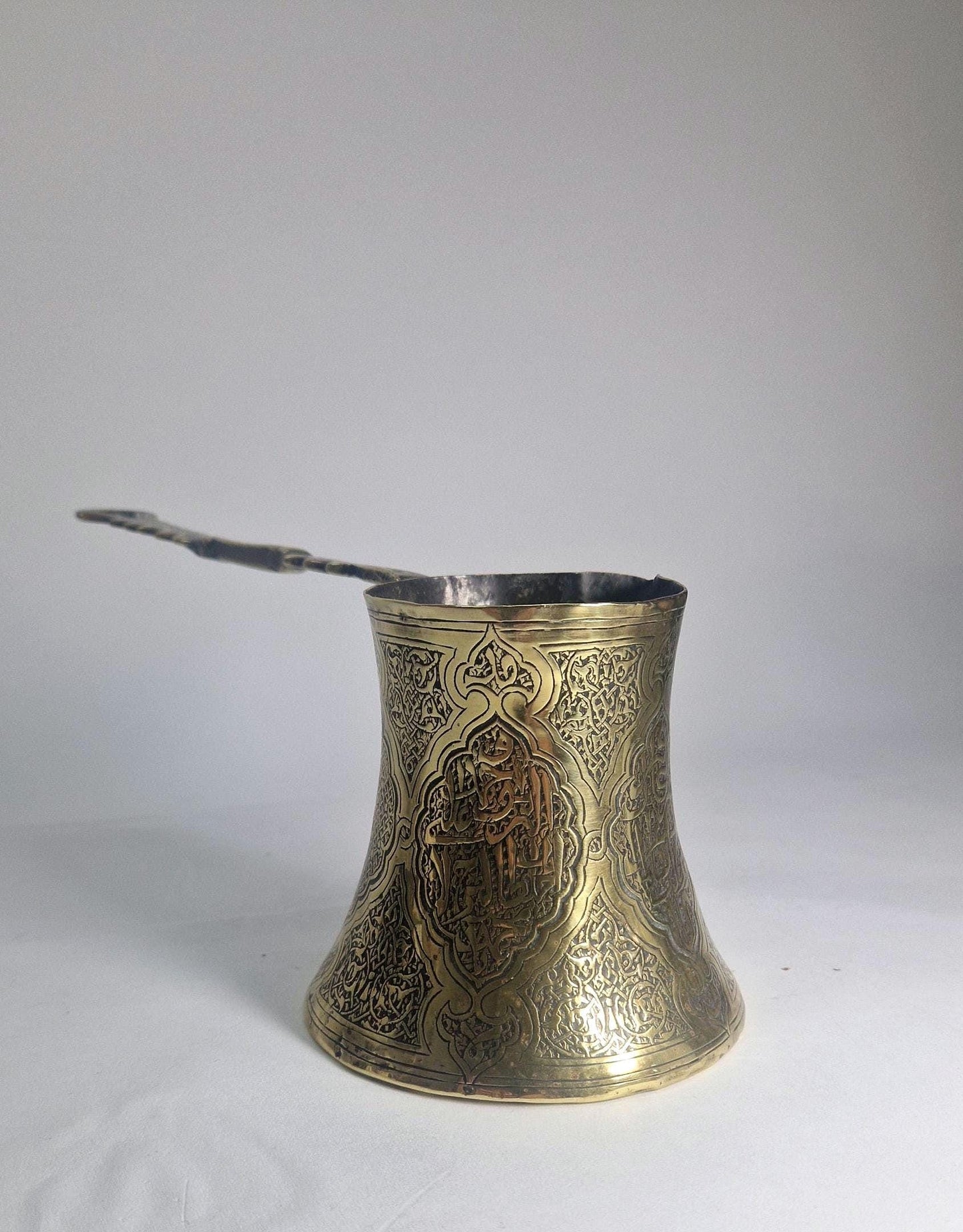 Vintage Turkish Brass Coffee Pot, Highly Ornate with Long Handle. Brass (21) anniversary wedding gift.