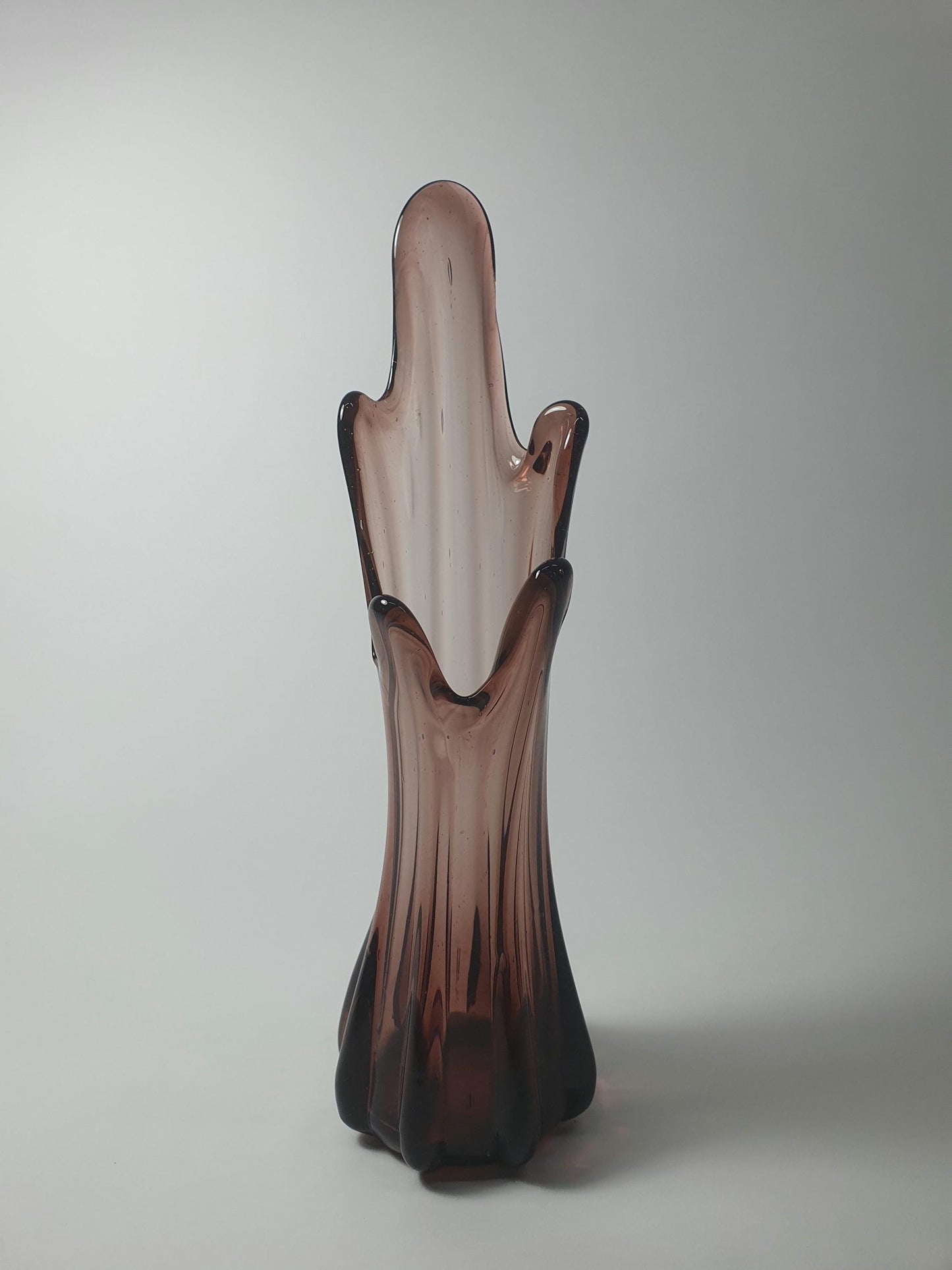 Mid Century Smoky Amber Glass Vase: 5 Finger Swung Posy, 1970s
