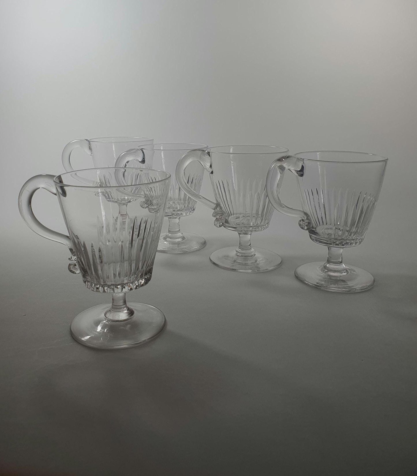 Victorian Blaze Cut Crystal Glass Custard Cups with Handles. Set of 5