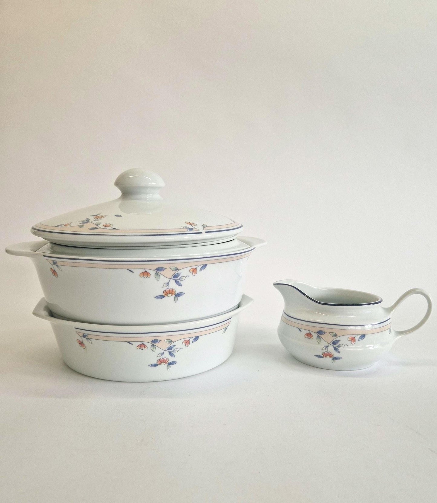 Vintage Princess House Porcelain Serving Set: Melody Tureens, Pie Dish, Gravy Boat