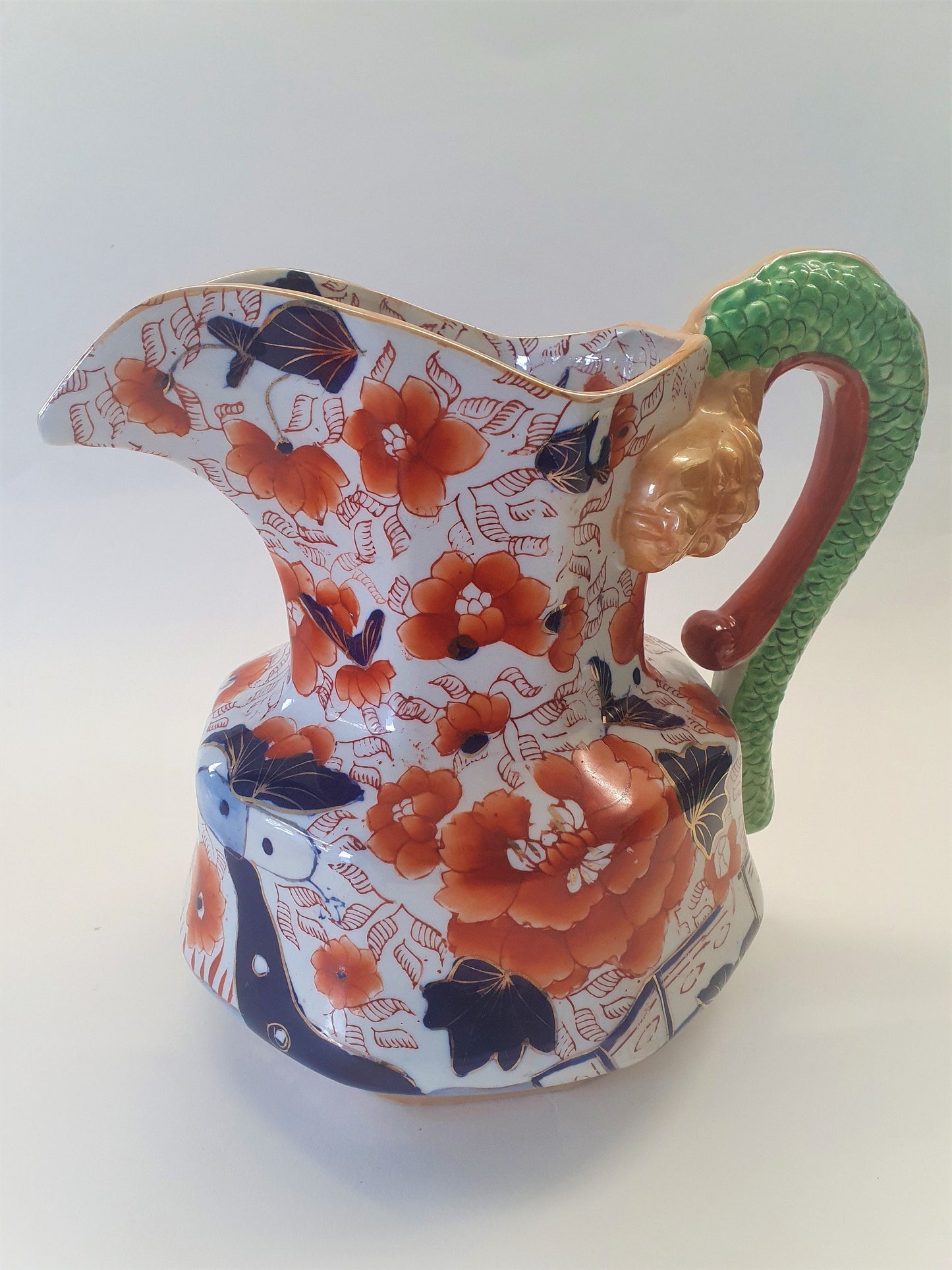 Reproduction Snake Handle Mason Jug: Orange Floral Display Vase