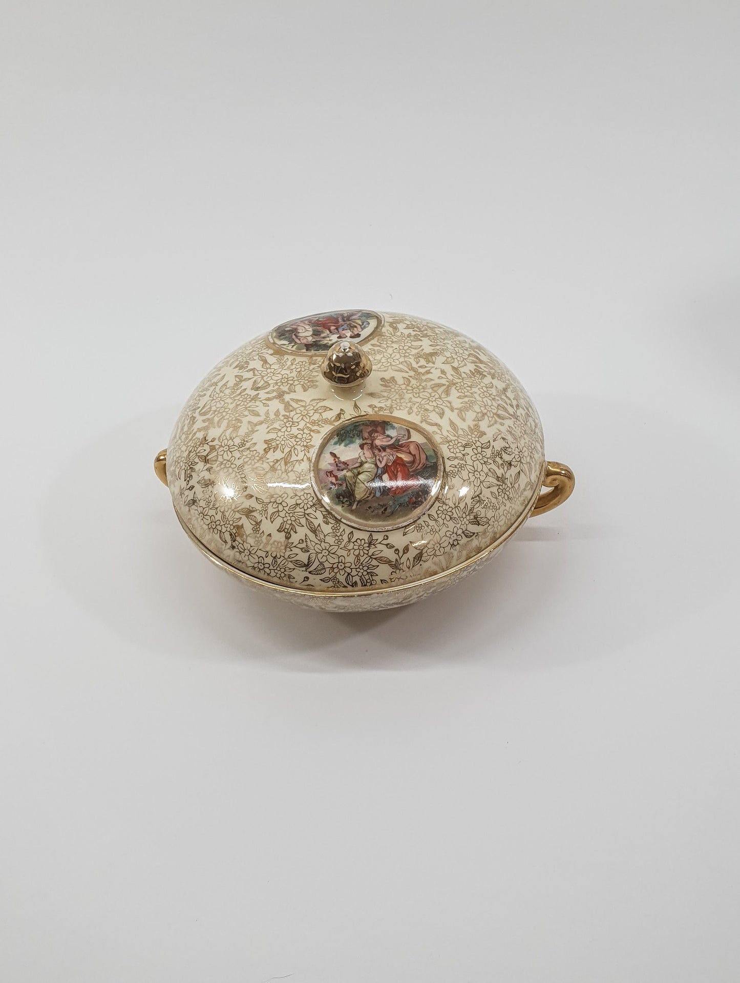 Vintage Empire Ware Chintz Bowl with Lid: Gold Floral Design, c1940-50s