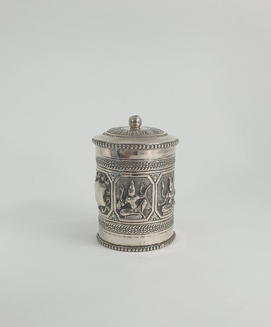 Burmese Silver High Relief Repoussé Cannister or Betel Box. Early 1900s