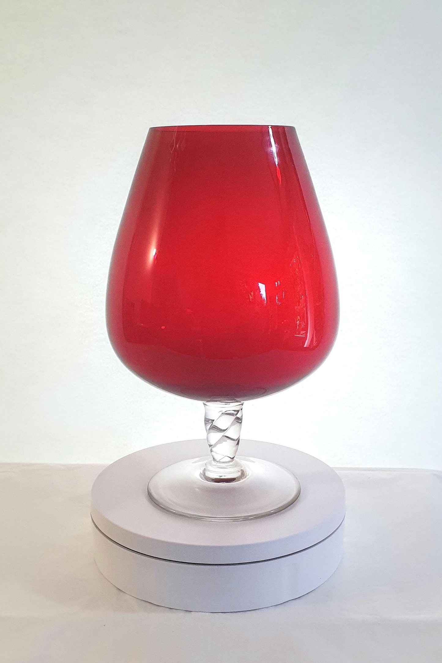 Oversized Red Brandy Snifter Glass with Clear Twisted Stem and Base. c1960s