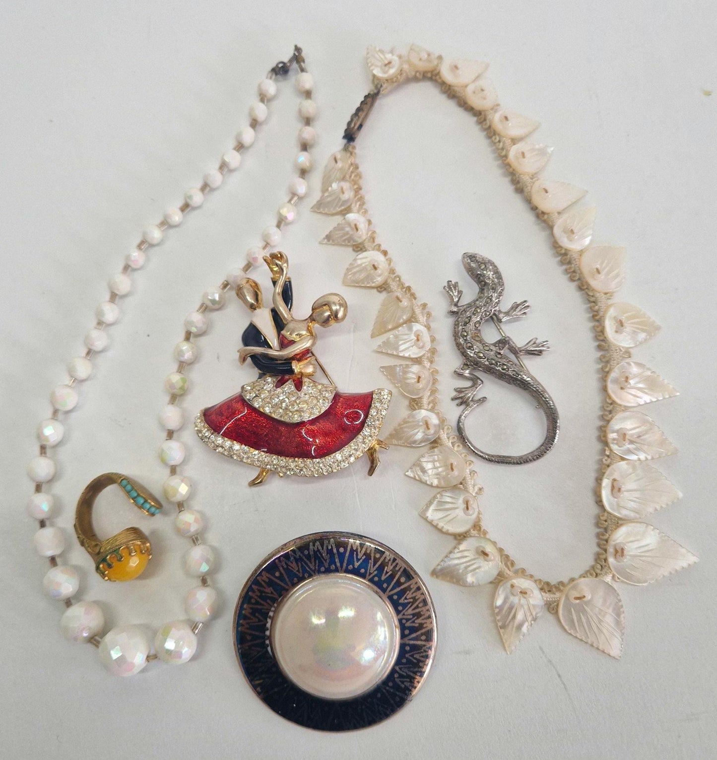 Vintage Jewelry Bundle: Art Deco Ring, Mother of Pearl Choker, Brooches