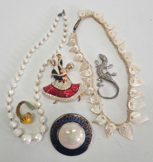 Vintage Jewelry Bundle: Art Deco Ring, Mother of Pearl Choker, Brooches