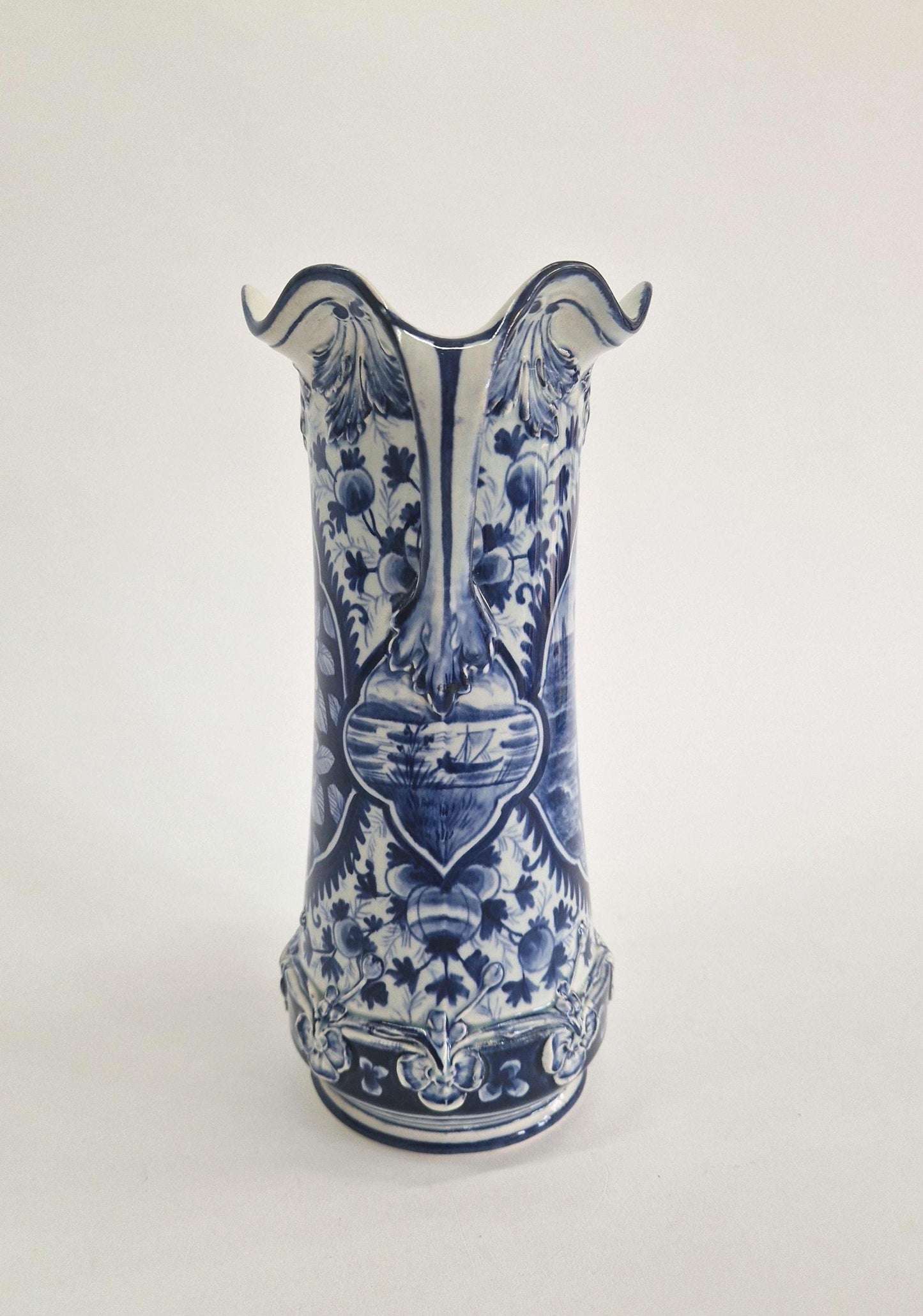 Vintage Blue and White Delft Vase with Handles, signed Digendorf. Hand Painted. c1880