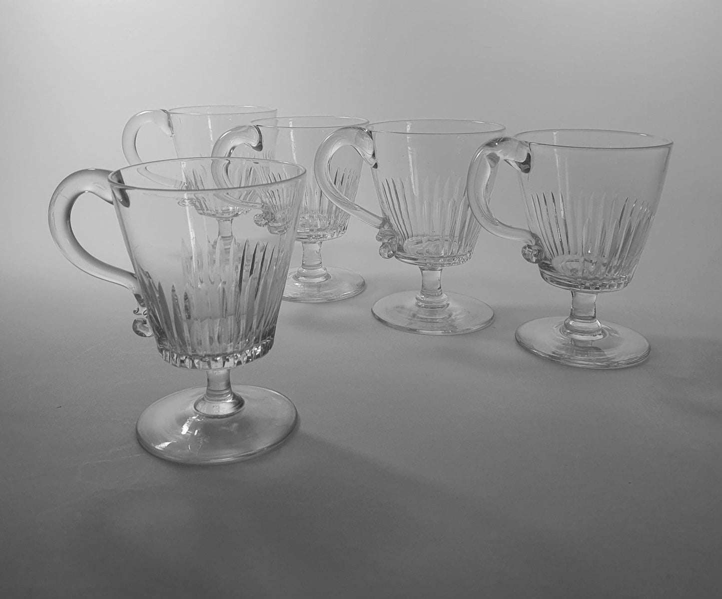 Victorian Blaze Cut Crystal Glass Custard Cups with Handles. Set of 5