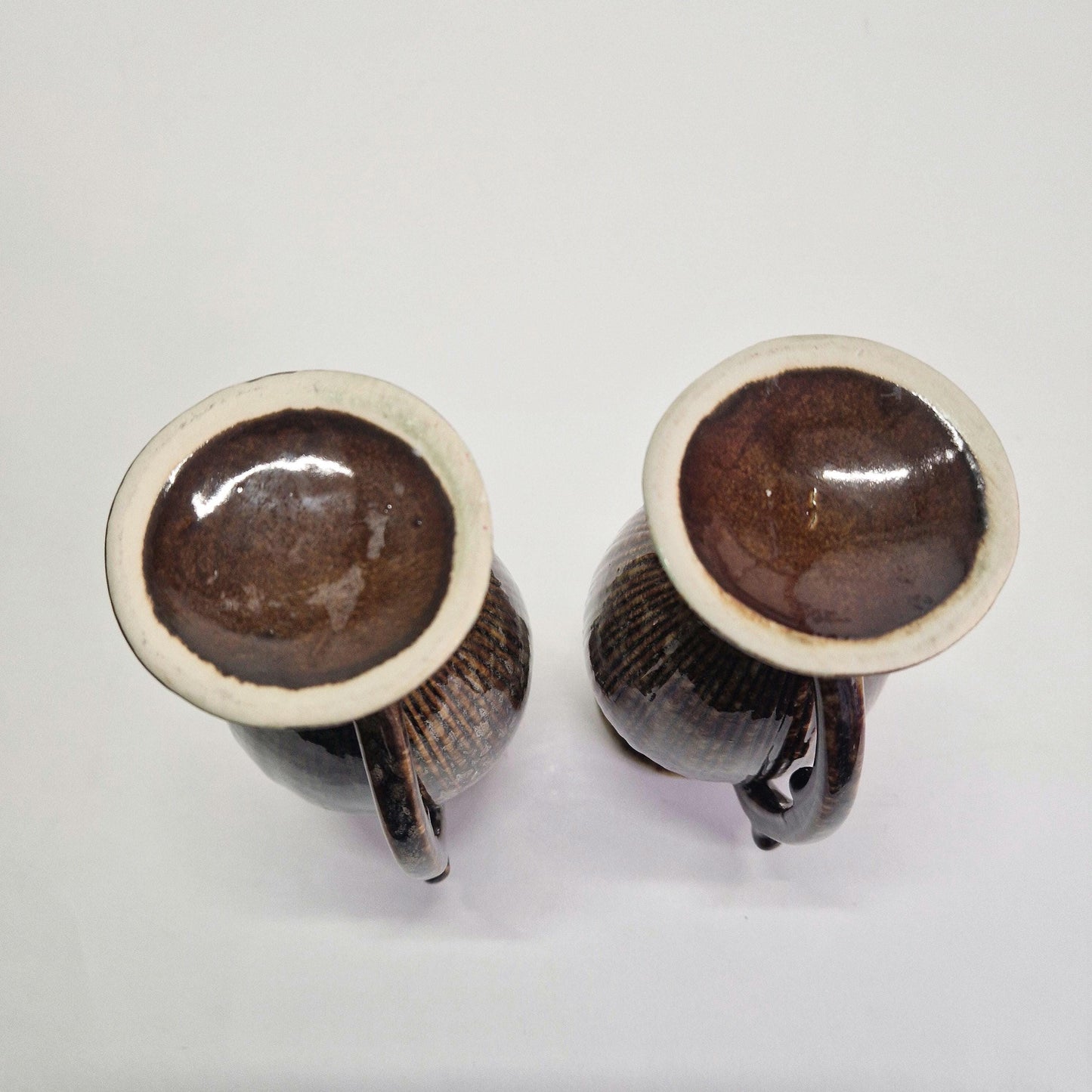 Vintage Grecian Urns: Brown & Grey Mottled Dripware Glaze, Mid Century Pair