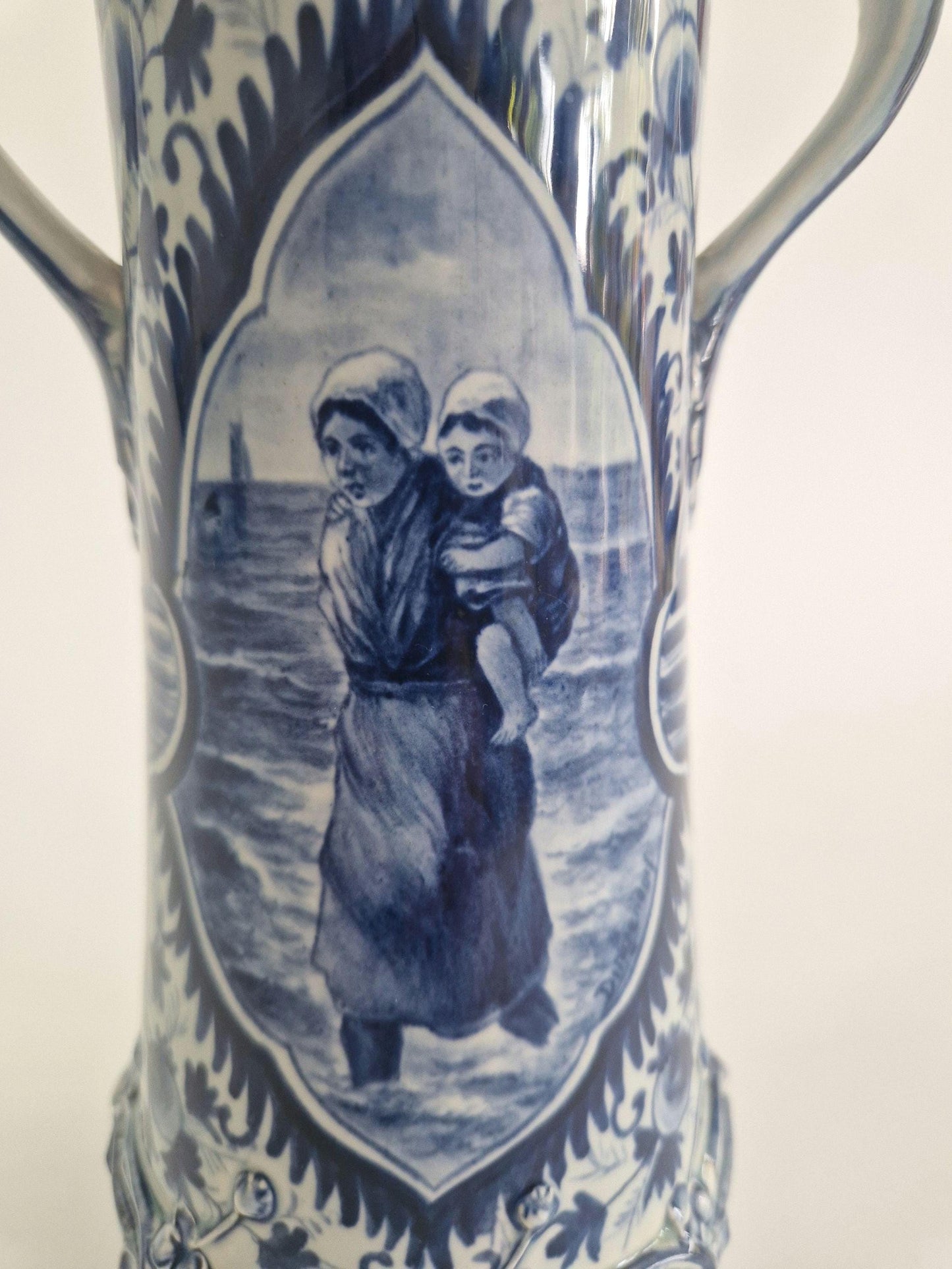 Vintage Blue and White Delft Vase with Handles, signed Digendorf. Hand Painted. c1880
