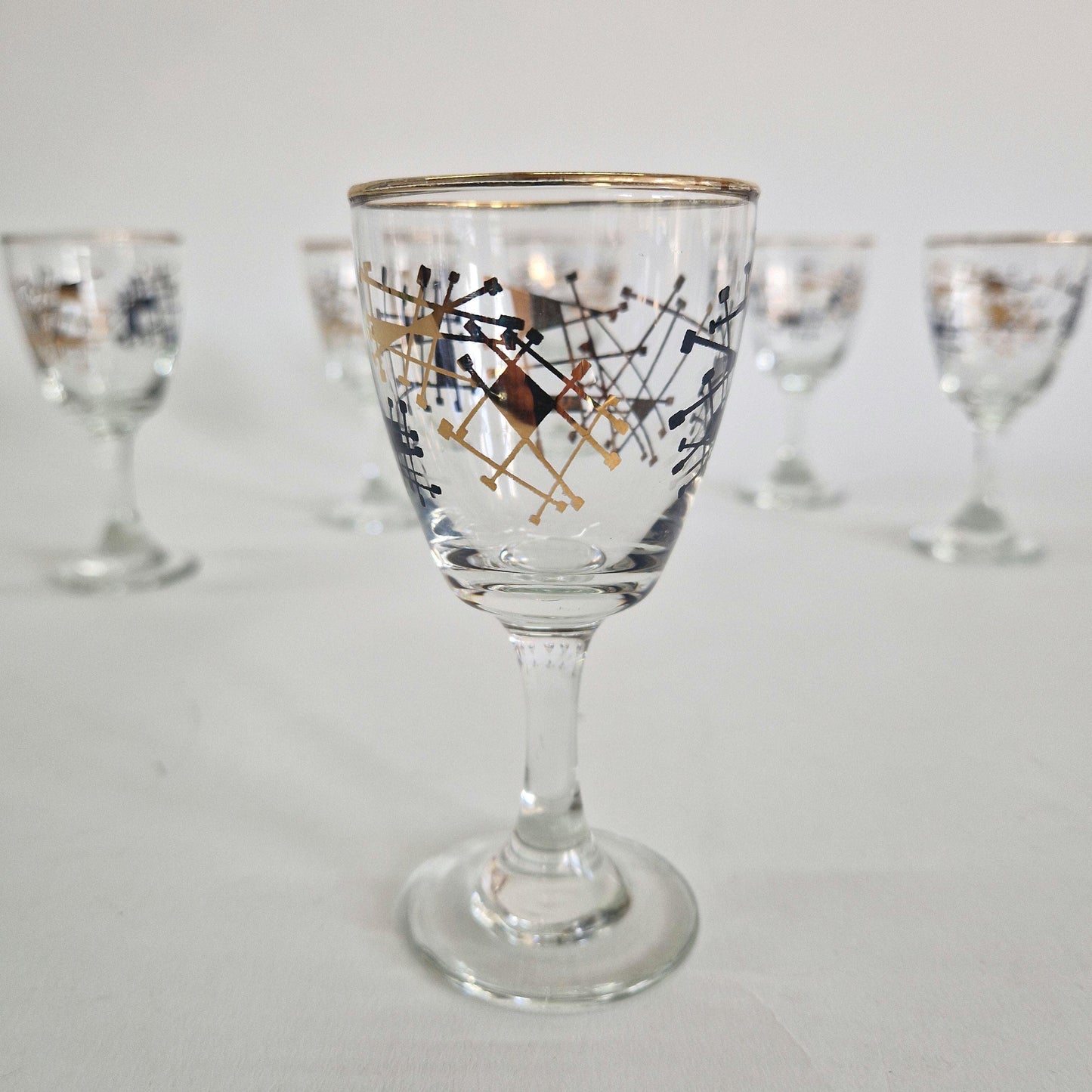 Vintage Set of 6, Atomic Gold and Black Wine Glasses. c1950-60s