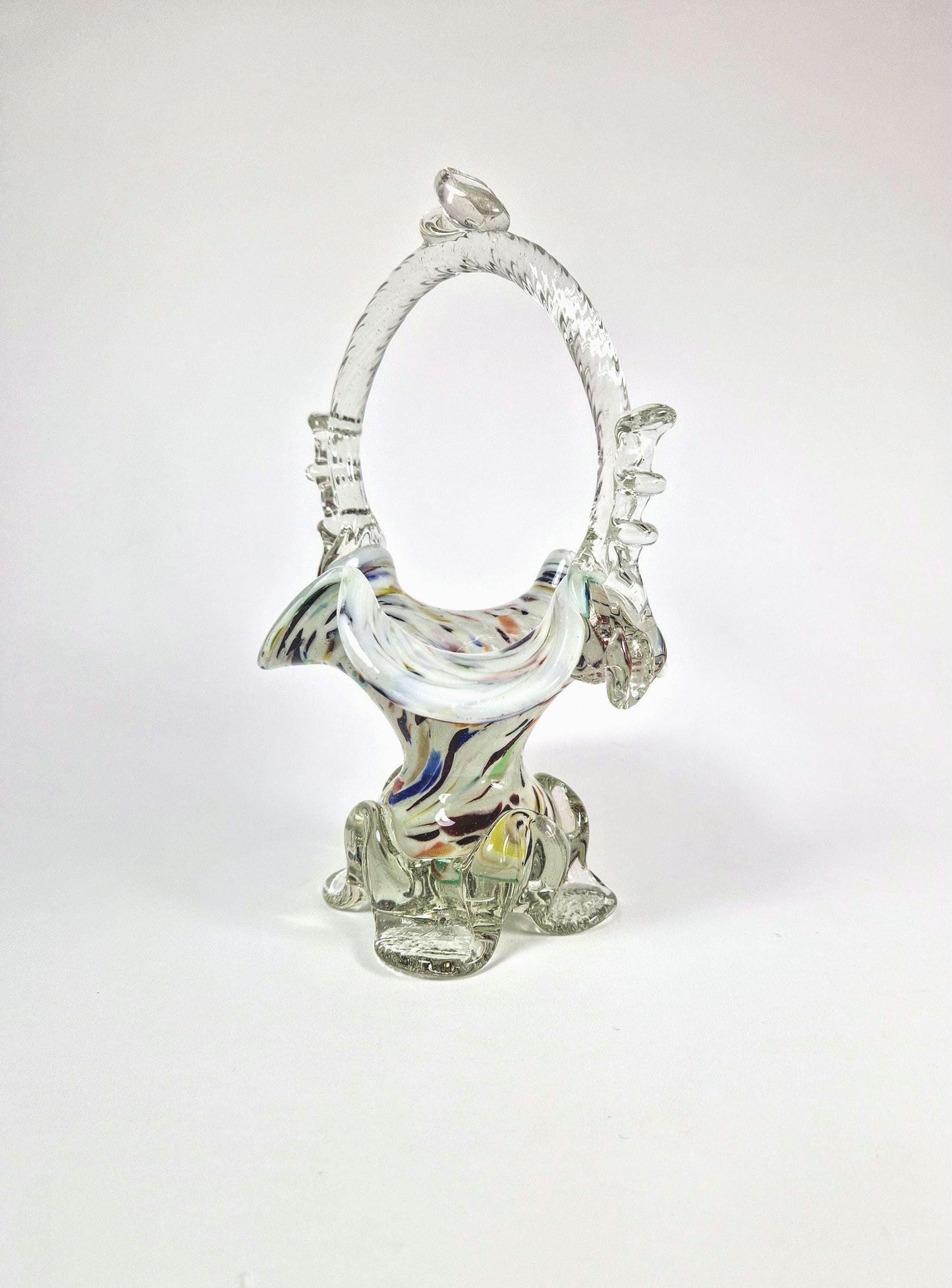 Vintage Victorian Style Romanian Glass Basket with Handle. Spattered Design , Posy Vase. c1960s