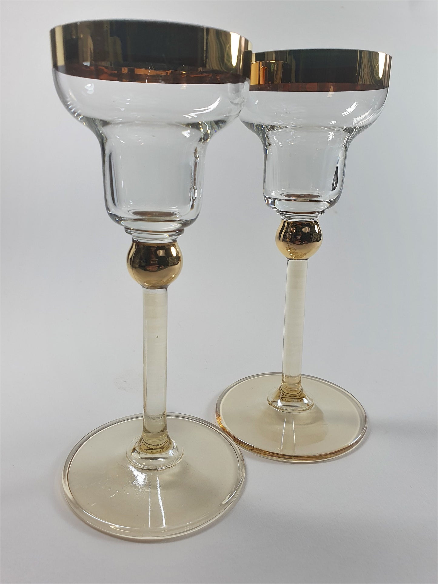 Vintage Glass Candle Holders: Margarita Style with Gold Rim, Pair