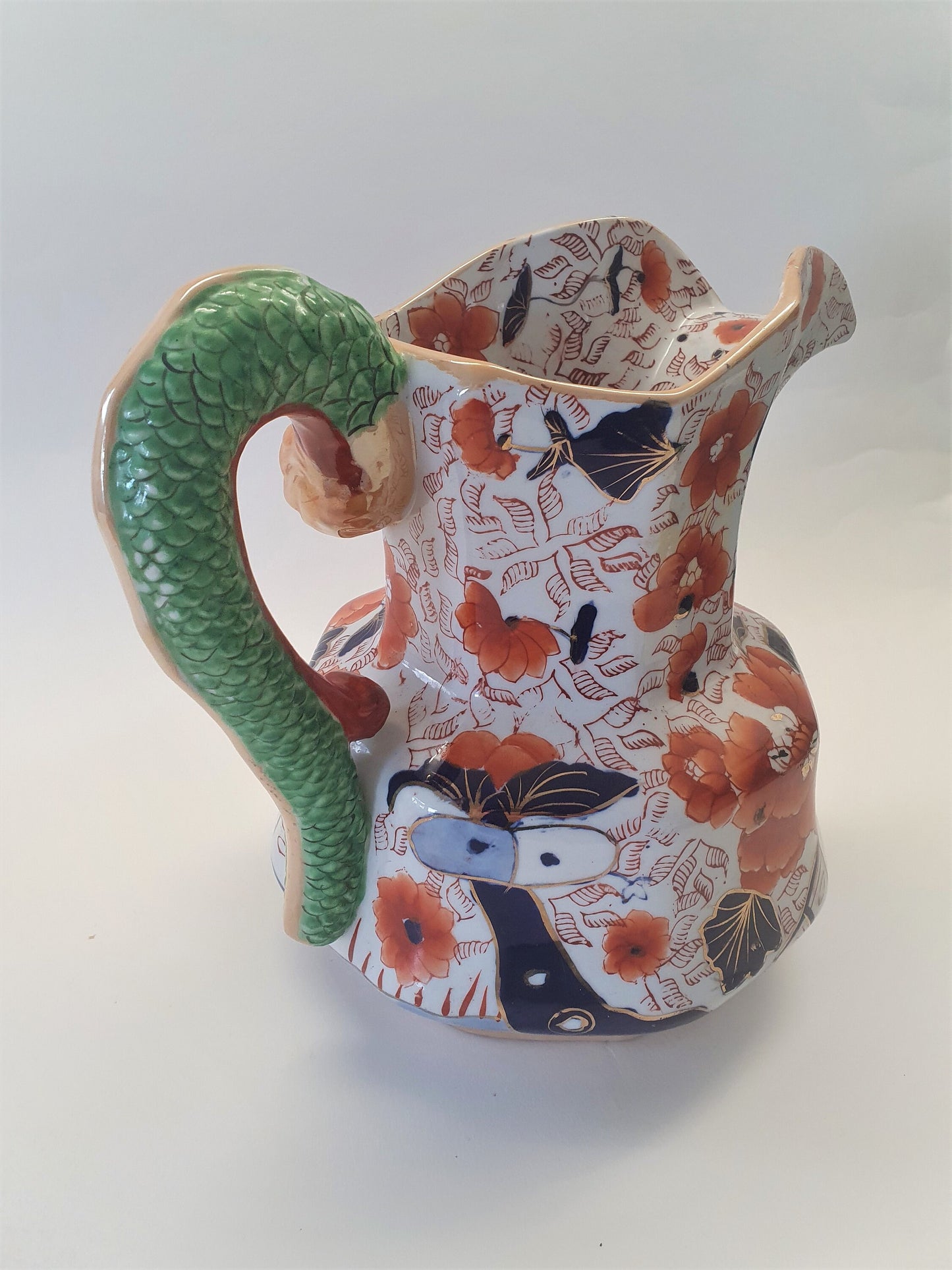 Reproduction Snake Handle Mason Jug: Orange Floral Display Vase