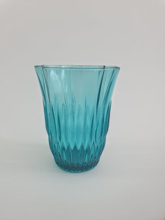 Vintage Turquoise Scalloped Topped Glass Vase.  c1970