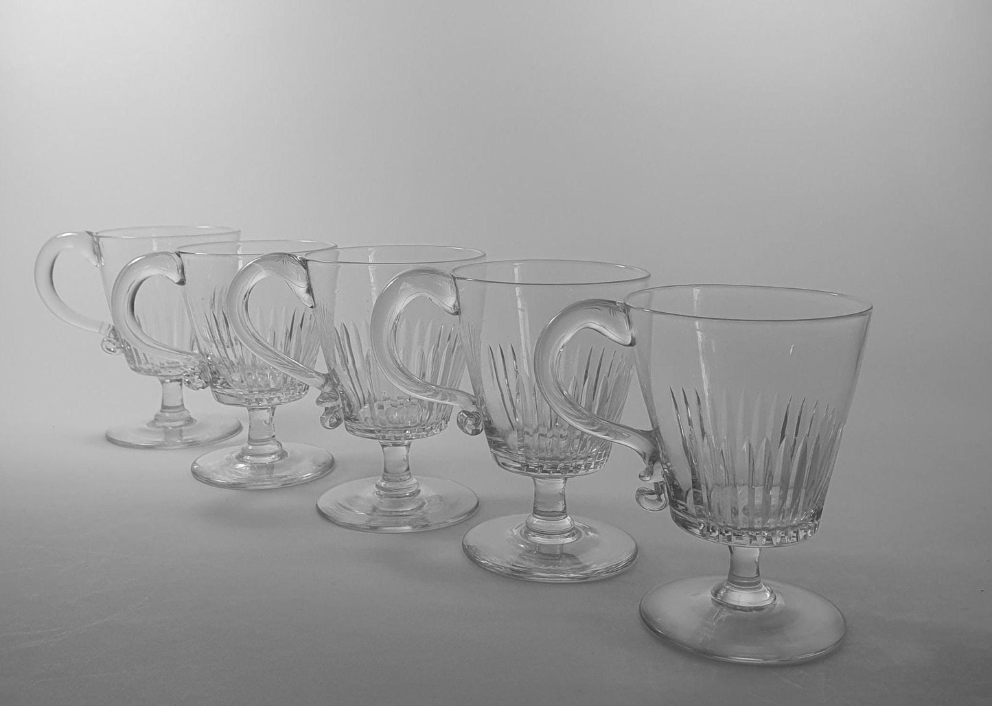 Victorian Blaze Cut Crystal Glass Custard Cups with Handles. Set of 5